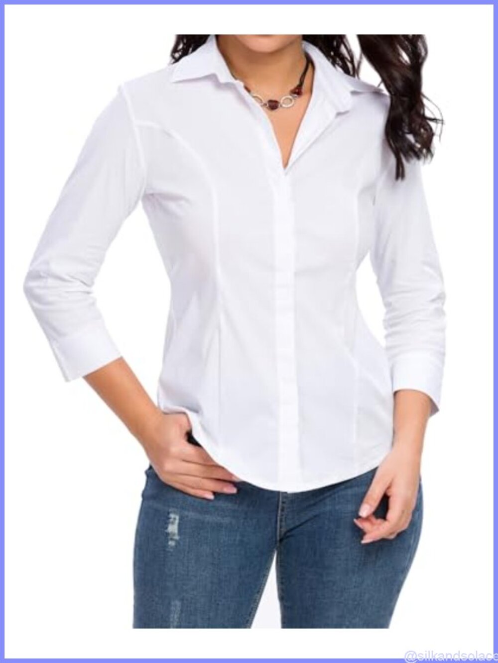 Womens 3/4 Sleeve Button Down Blouse Slim Fit Curved Hem Office Dress Shirt